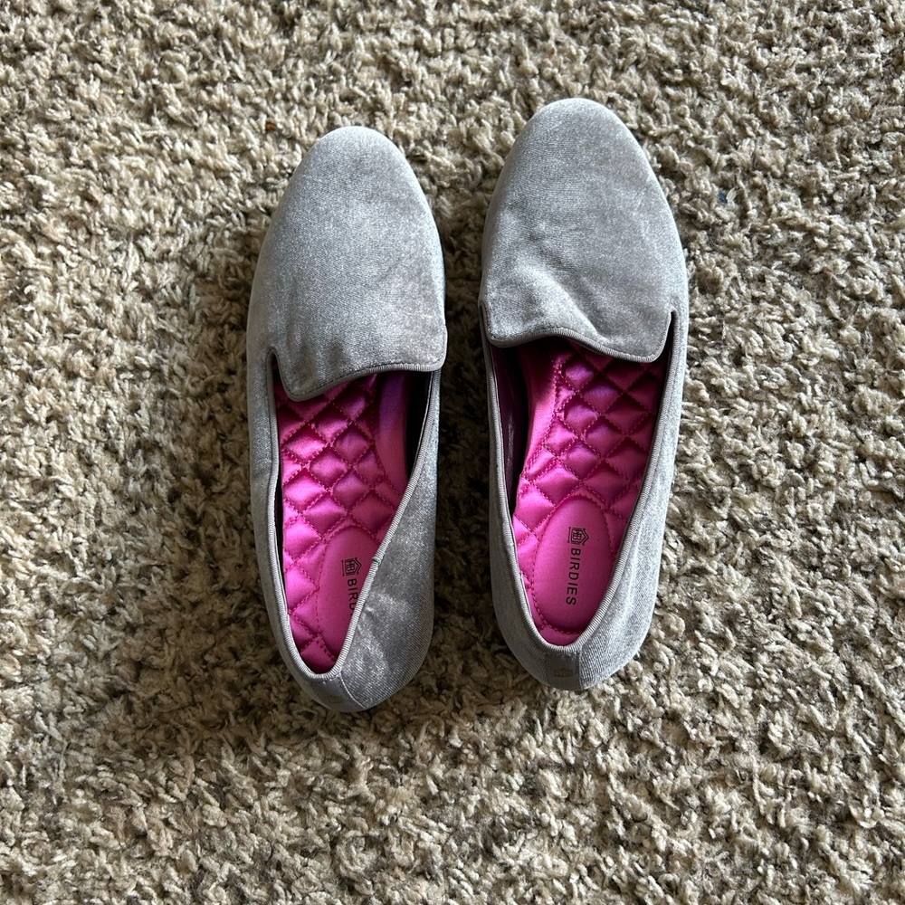 Birdies Gray Velvet Loafers with Pink Quilted Insole